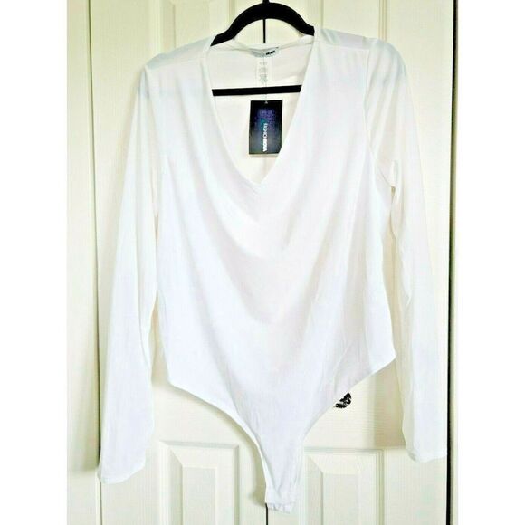 Fashion Nova Bodysuit‎ Size Small Drape Front L/S White Stretch NWT - Picture 1 of 6
